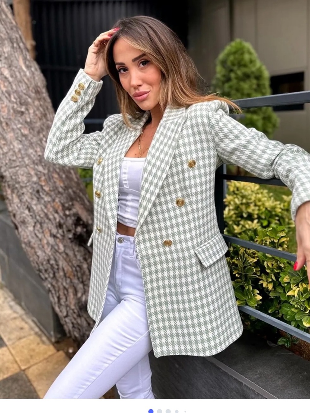 Zara Green and White Houndstooth Double-Breasted Blazer